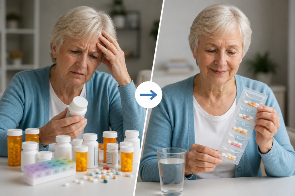 Two senior women comparing medication bottles with confused expressions