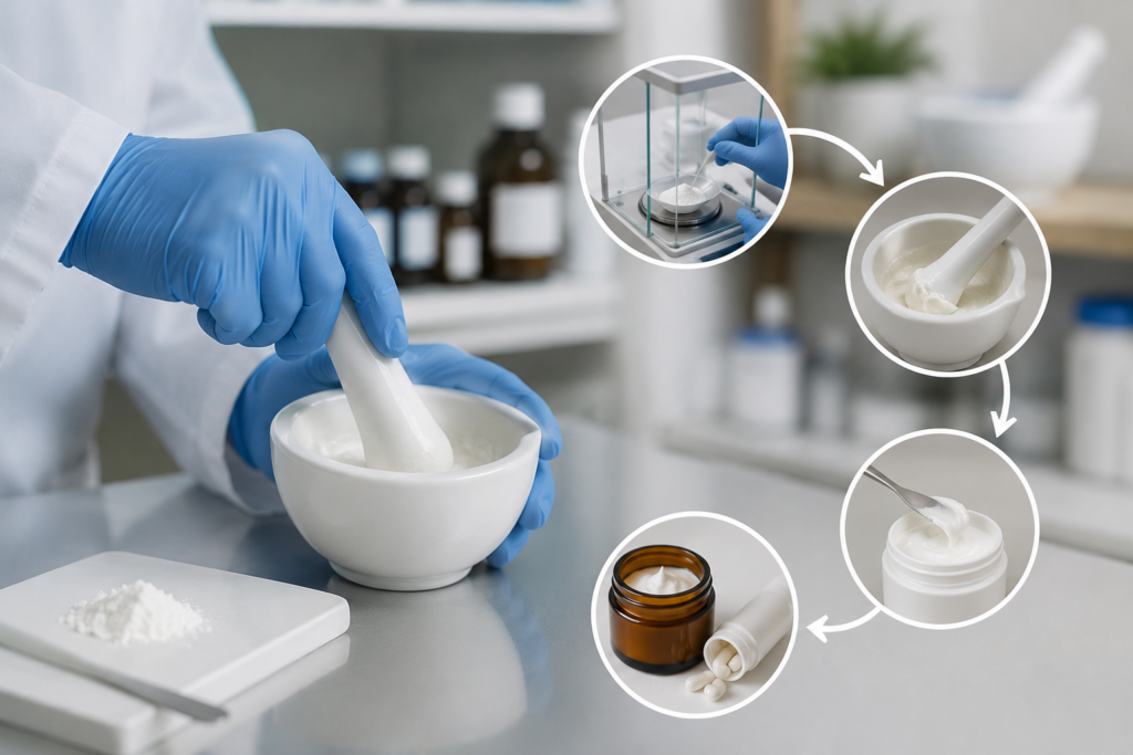 Pharmacist compounding medications in lab with mortar and pestle, customized formulations and ingredients.