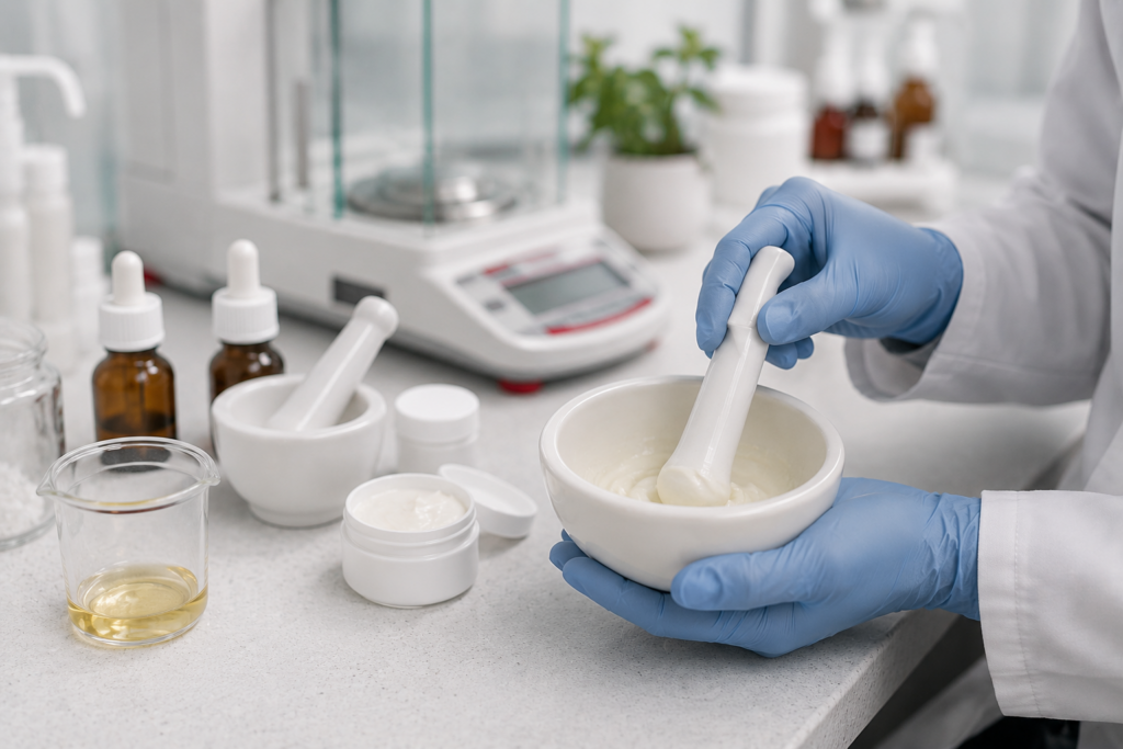 Pharmacist using digital scale to measure compounding medication ingredients