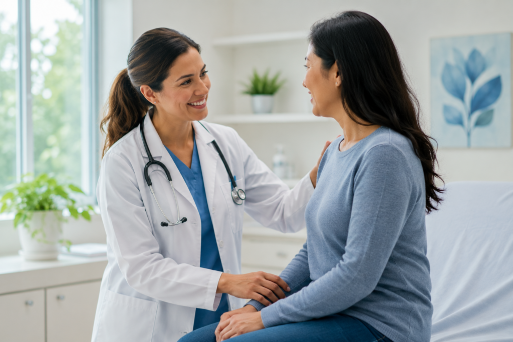 Pharmacist and patient discussing preventive healthcare and vaccinations at Ray's Drugs.