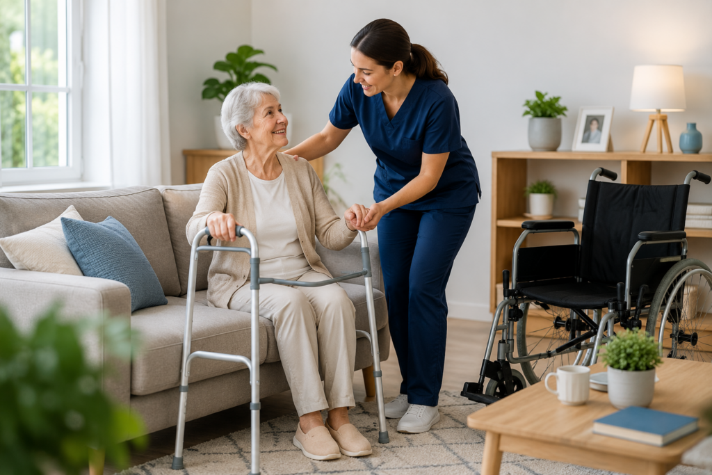 Home healthcare aide assisting senior woman with walker and wheelchair for increased independence.