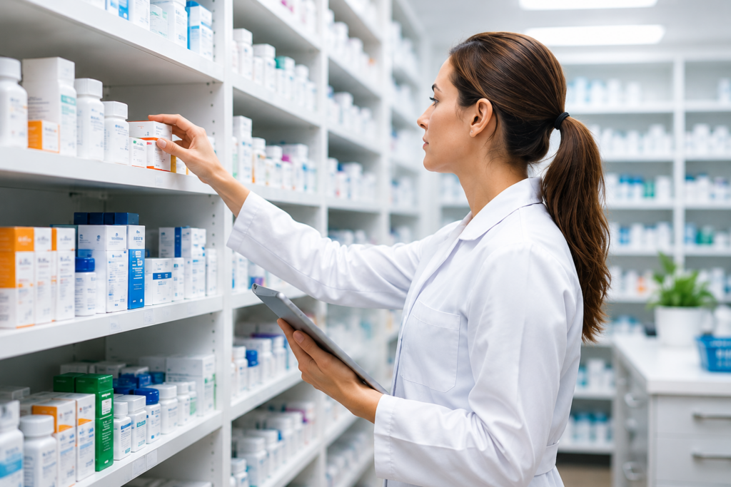 Pharmacist selecting medication in Ray's Drugs pharmacy, managing specialty therapies and prescriptions.