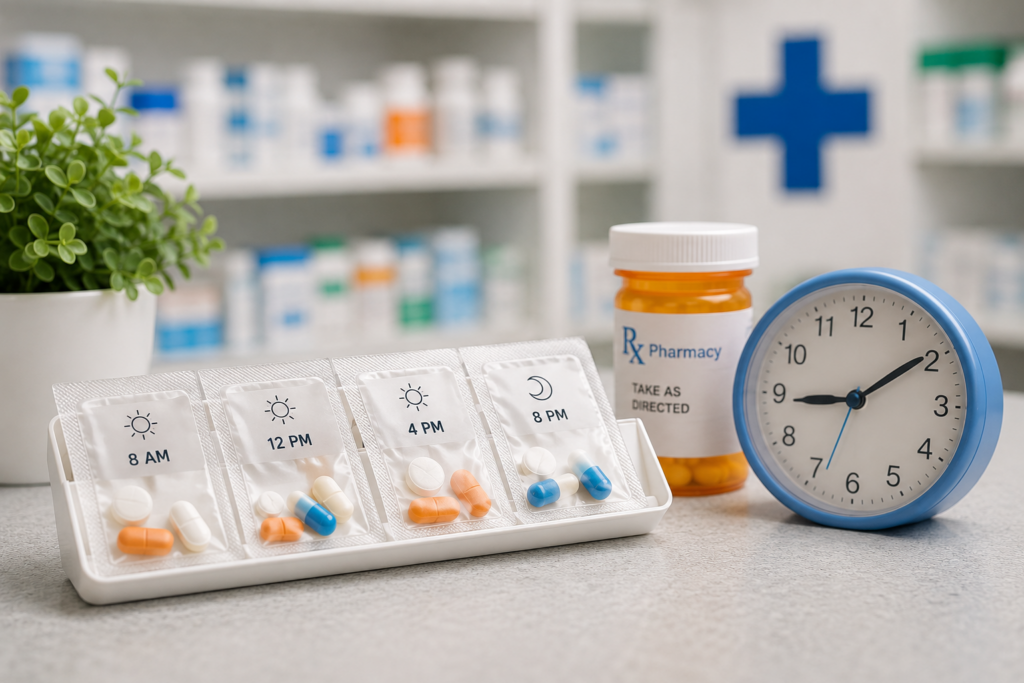 Shelves stocked with labeled prescription bottles at Ray's Drugs pharmacy