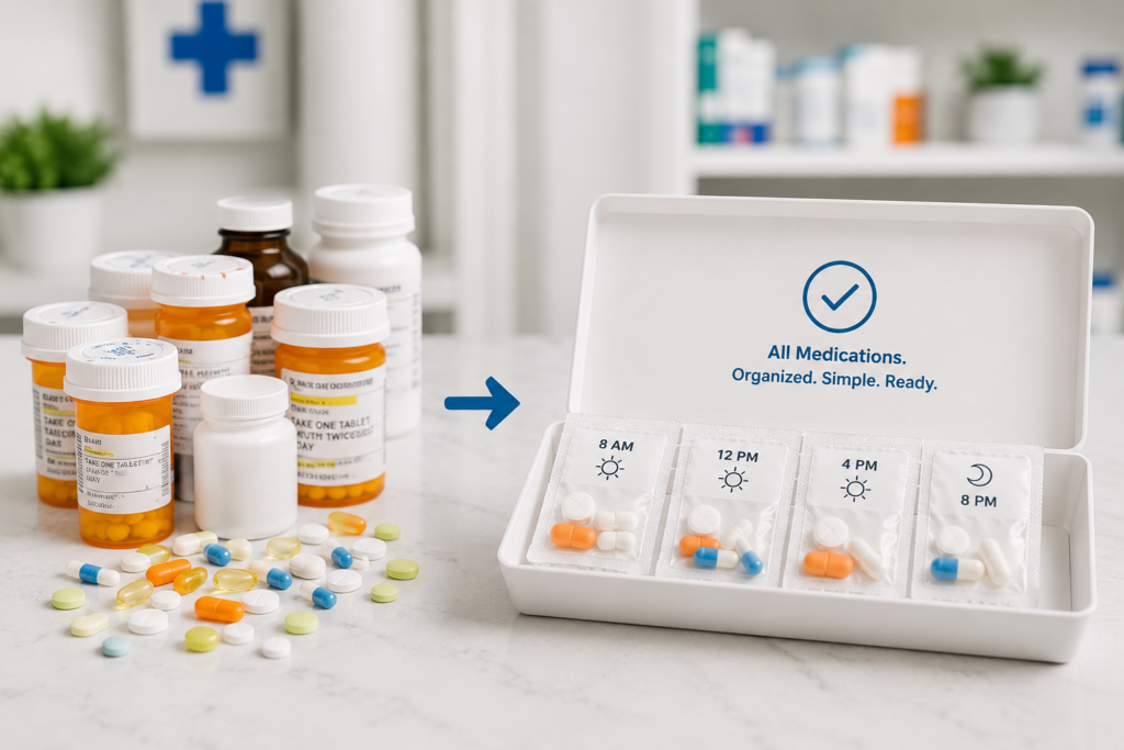 Organized prescription bottles lined up beside digital pharmacy checklist screen