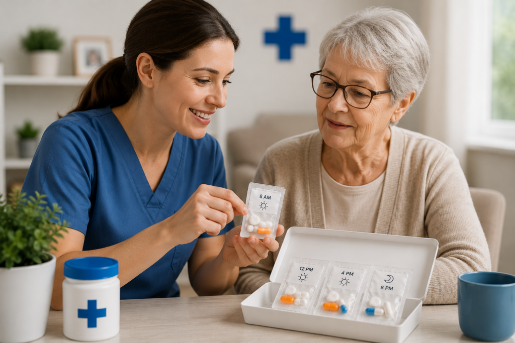 Pharmacist reviewing medication schedule with smiling senior woman patient
