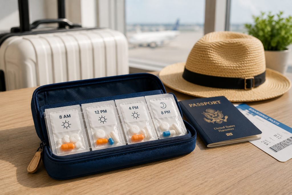 Weekly pill organizer packed alongside travel hat and passport for trip