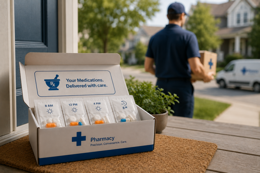 Ray's Drugs courier walking to front door with medication delivery box