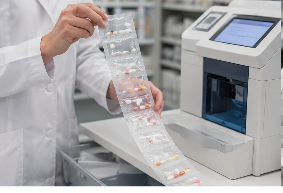 Pharmacist loading pill packs into automated RapidPak dispensing machine