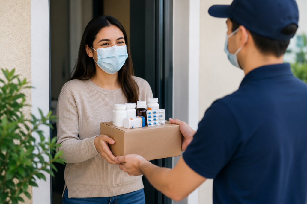 Masked woman receiving prescription delivery from Ray's Drugs courier