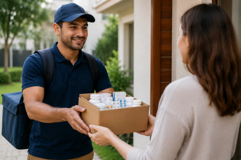 Ray's Drugs delivery driver handing medication package to customer at door