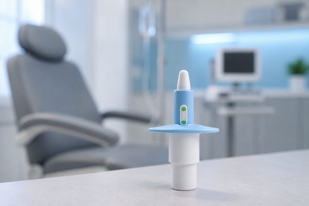 Digital thermometer and medical device on counter in clinical setting