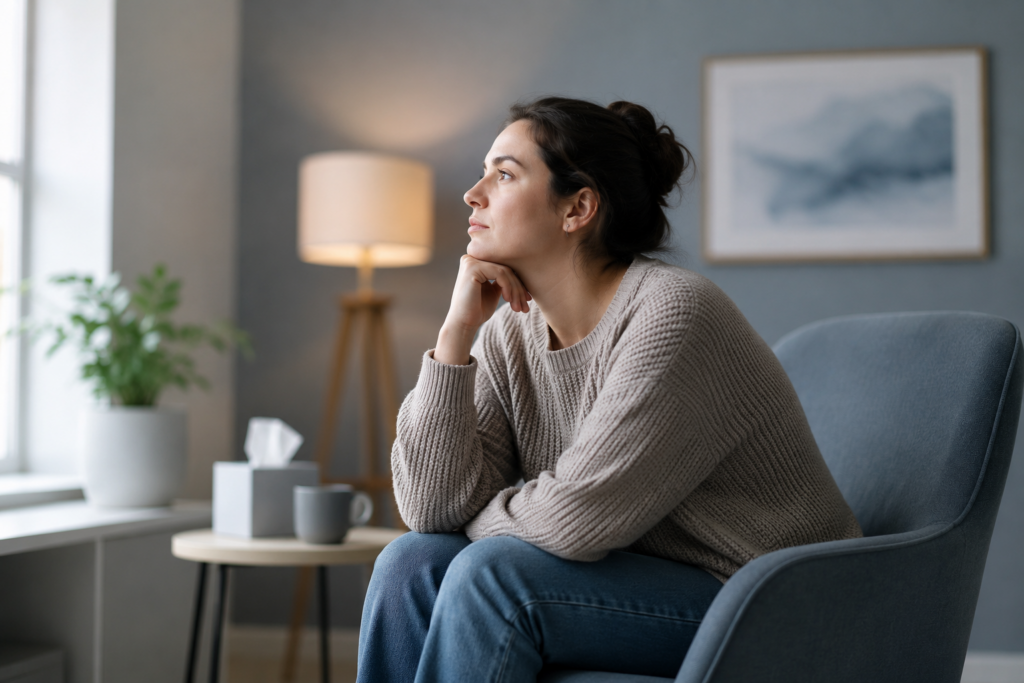 Thoughtful woman resting chin on hand while sitting near window at home