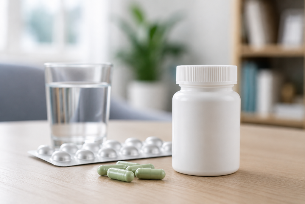 Medication bottle and water glass arranged on table for dosage routine