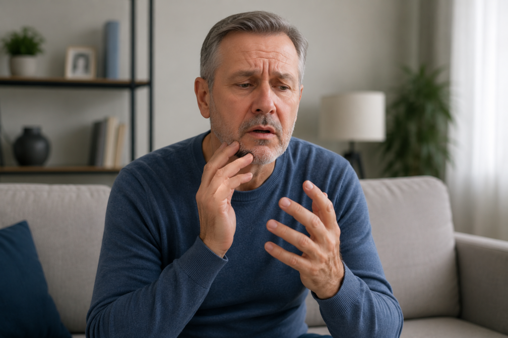 Older man in deep thought while receiving medication guidance at home