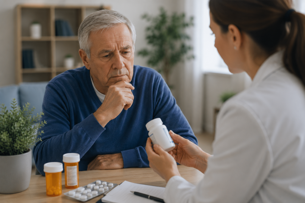 Senior man in consultation with pharmacist discussing his treatment