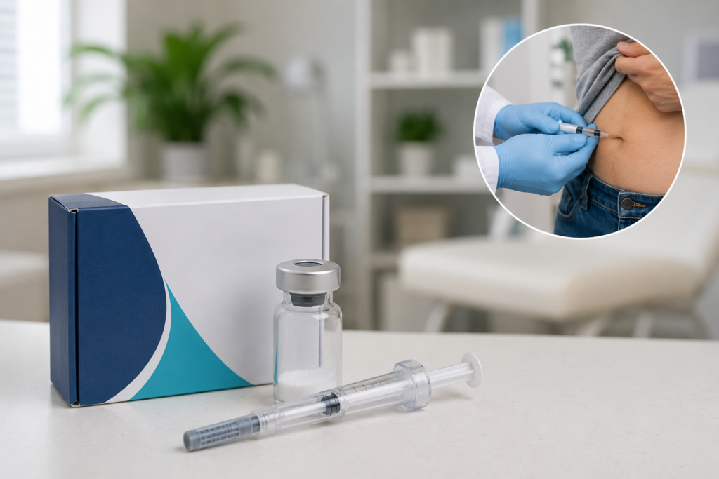 Close-up of pharmacist wearing blue gloves preparing medication supplies