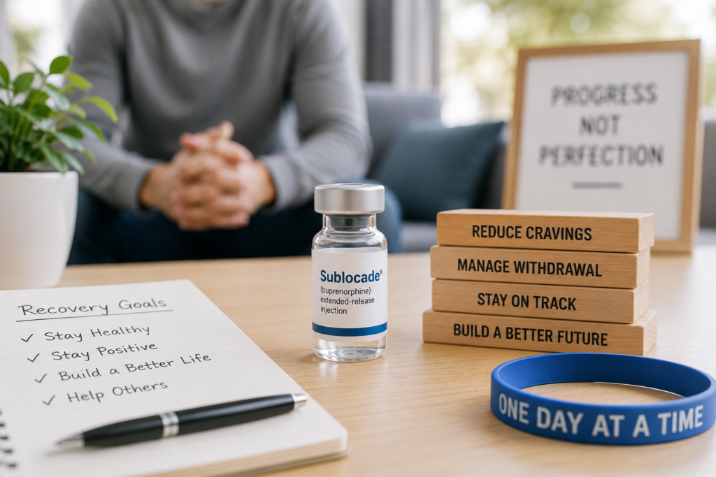 Man seated with hands clasped near medication bottle and craving-reduction guide