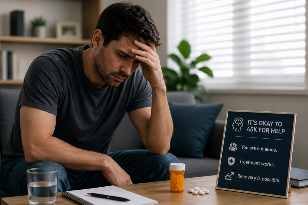 Stressed man holding head at home, showing signs of anxiety or fatigue