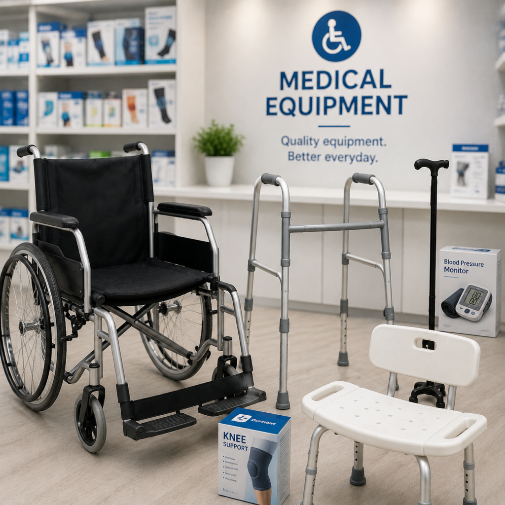 Wheelchair, walker, cane and shower chair in the medical equipment area at Ray's Drugs near Farmington, MI