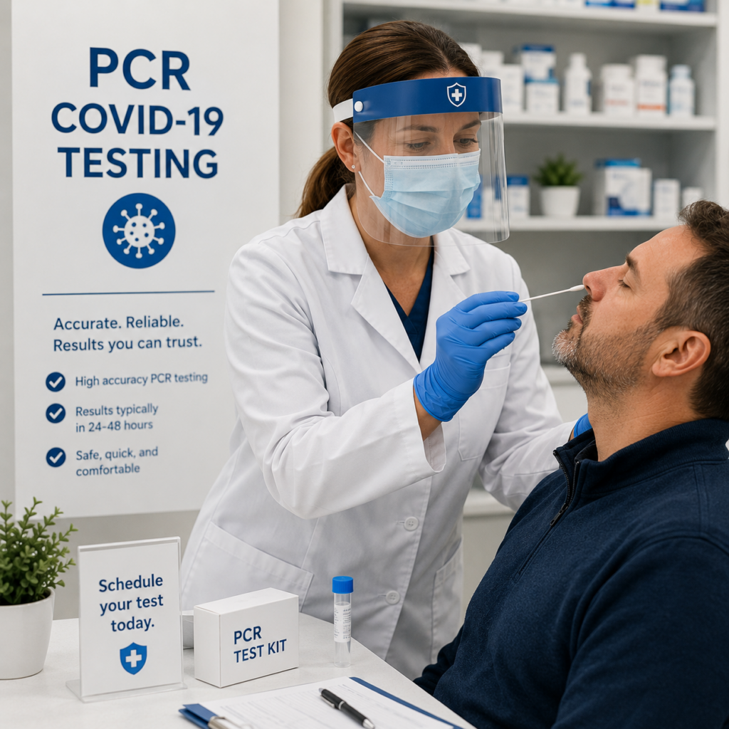 Pharmacist performing a PCR COVID-19 nasal swab test at Ray's Drugs, serving Farmington, Michigan