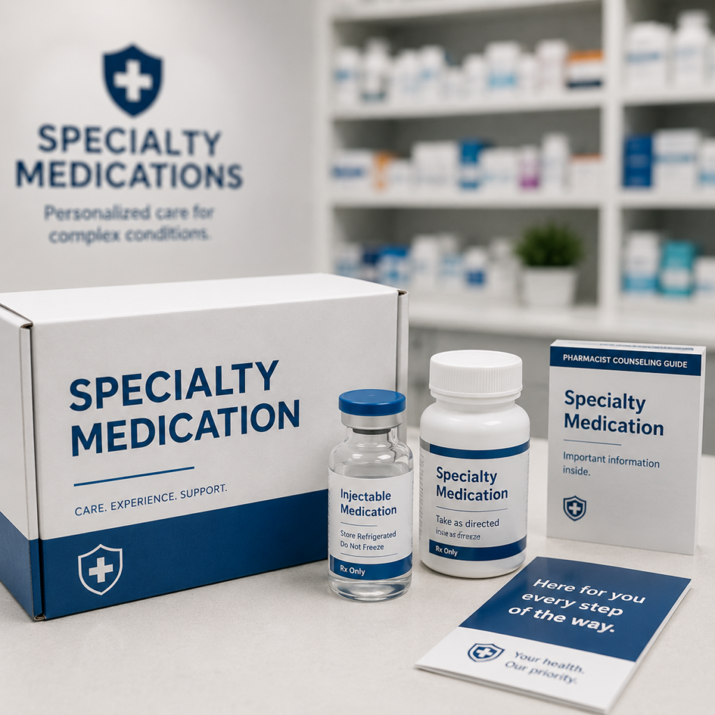 Specialty medication packaging and pharmacist counseling guide at Ray's Drugs near Farmington, MI