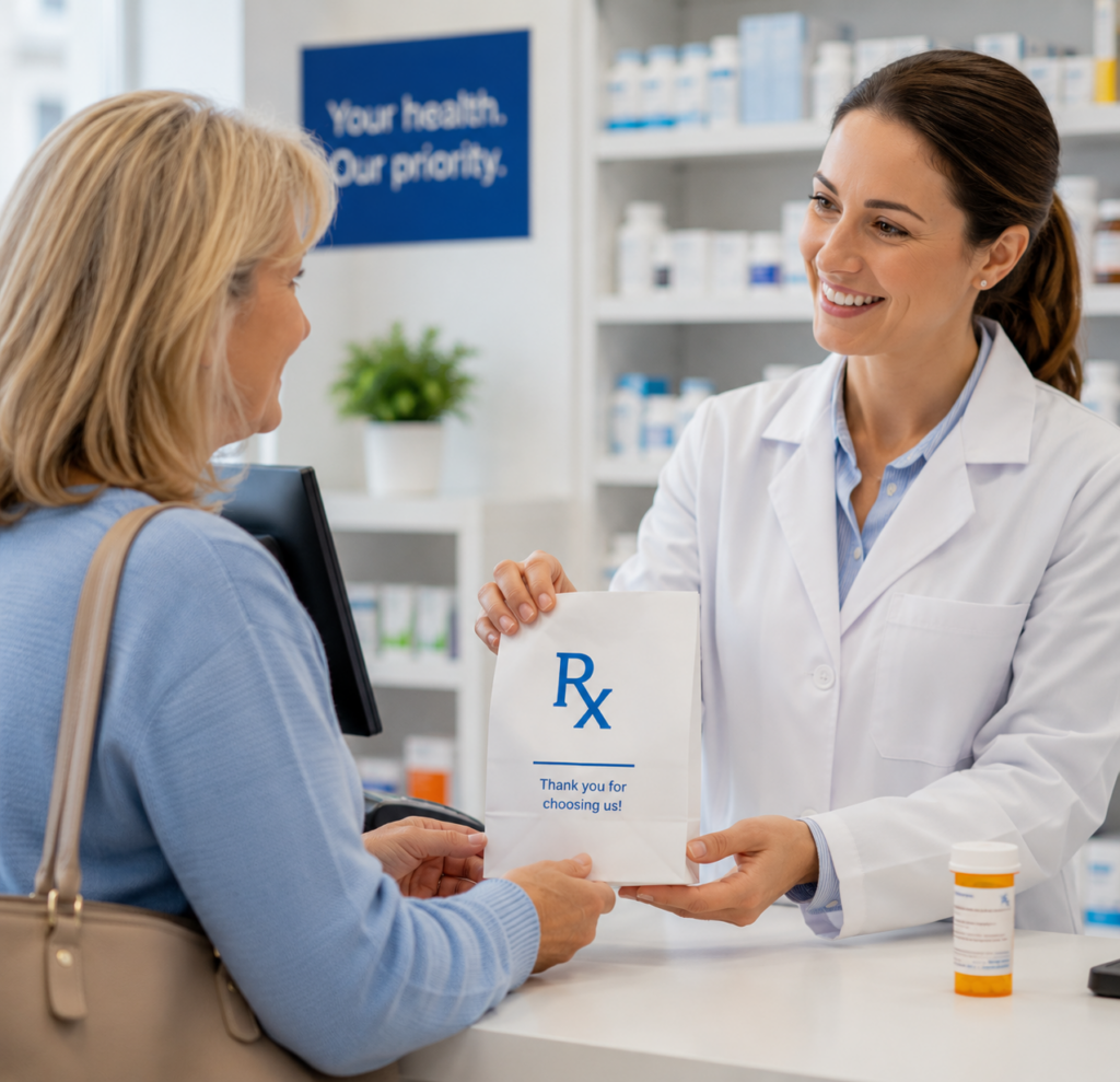 prescription: Ray's Drugs pharmacist handing filled prescription bag to smiling customer