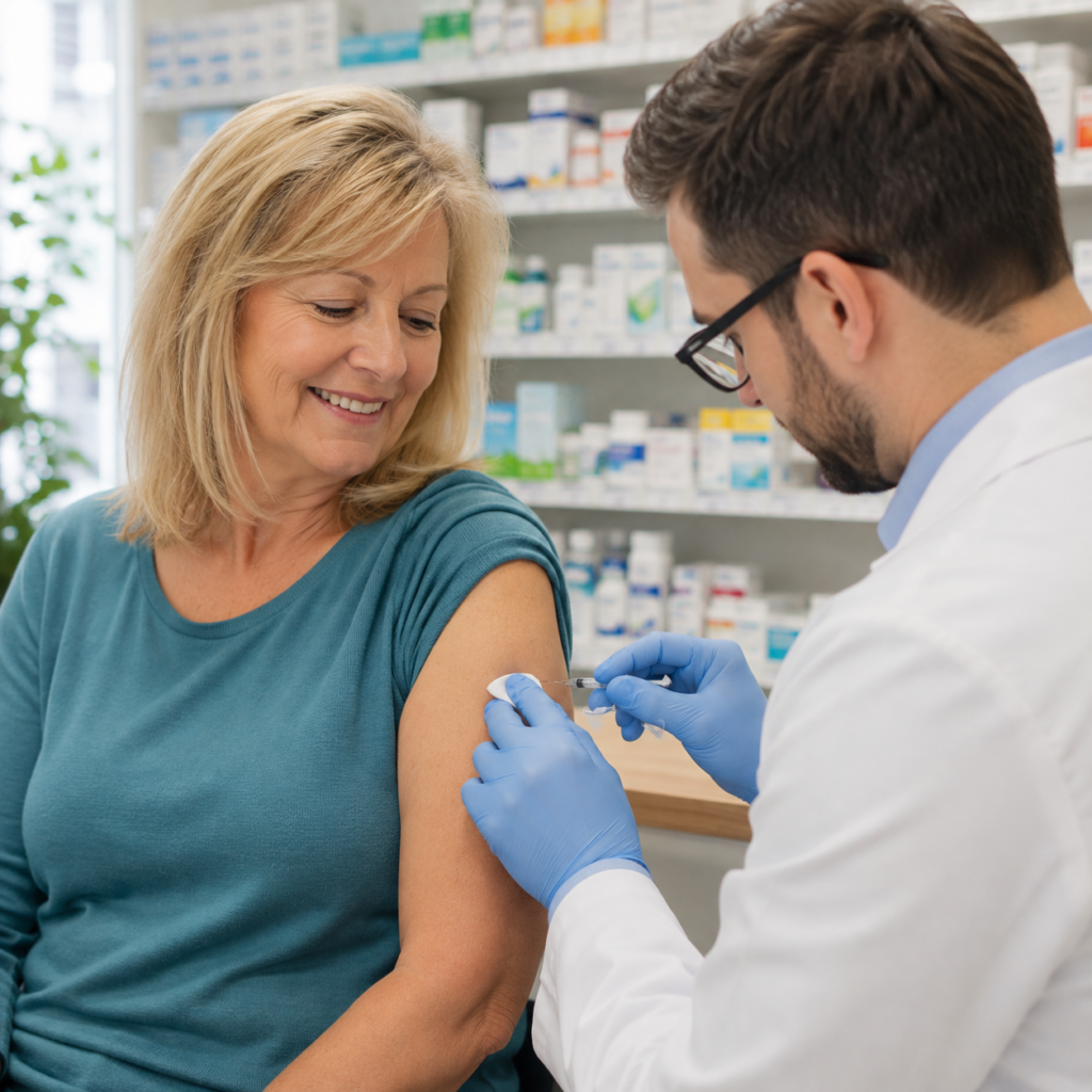 vaccine: Ray's Drugs pharmacist giving seasonal flu shot to adult patient